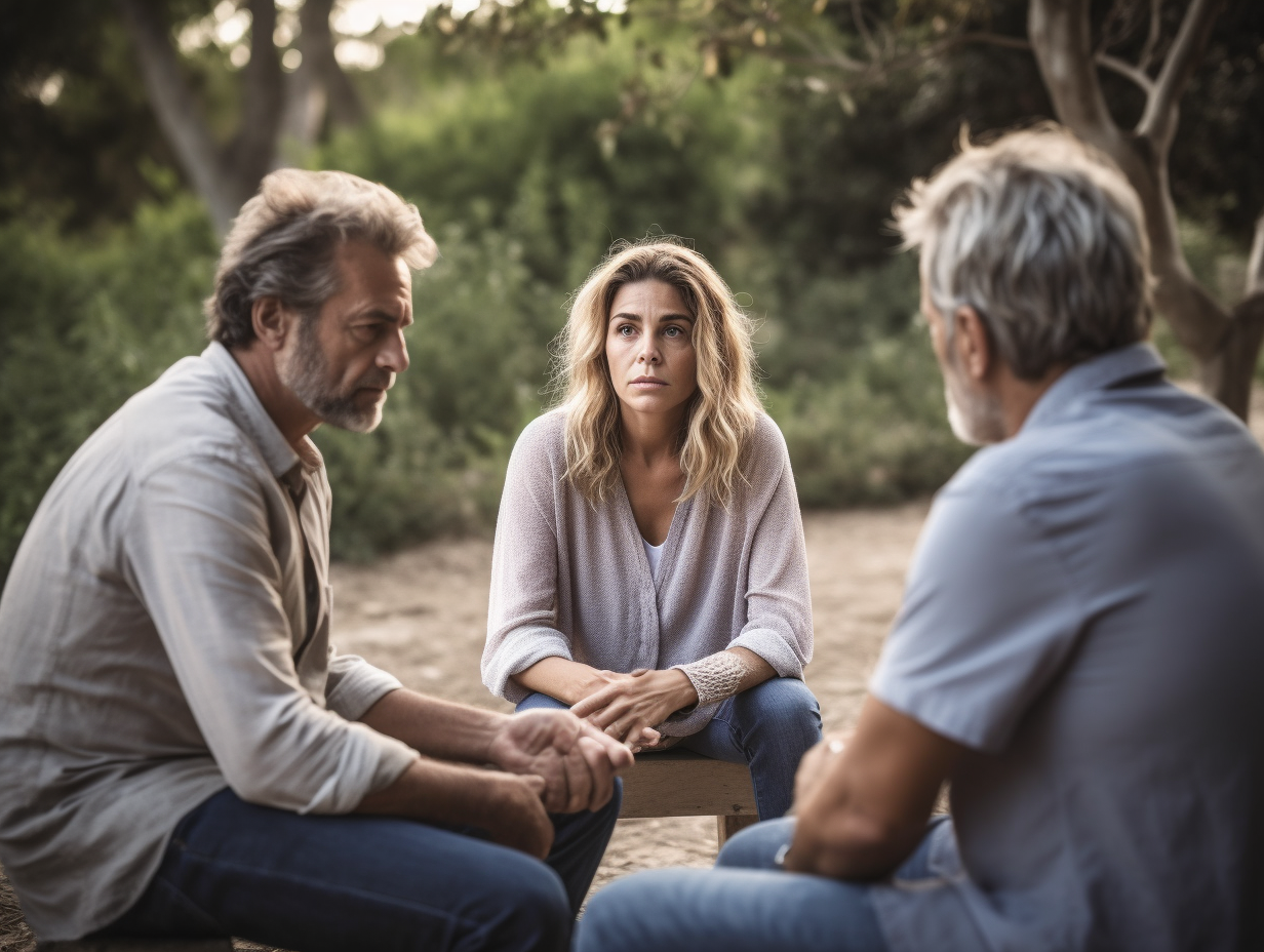Three people sitting on benches outdoors, engaged in a serious conversation. The setting appears to be a park or natural area.