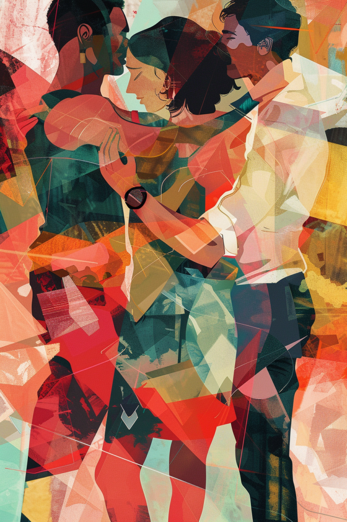 Abstract illustration of three people entangled in an embrace, featuring overlapping and interwoven colorful geometric shapes.
