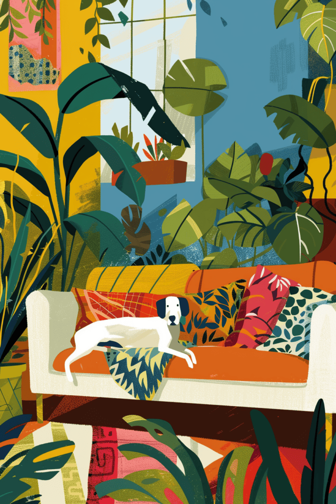 A white and black dog lounges on a sofa with colorful pillows in a room filled with various green plants, providing the perfect backdrop for addressing Therapy FAQs as sunlight streams through the large window.