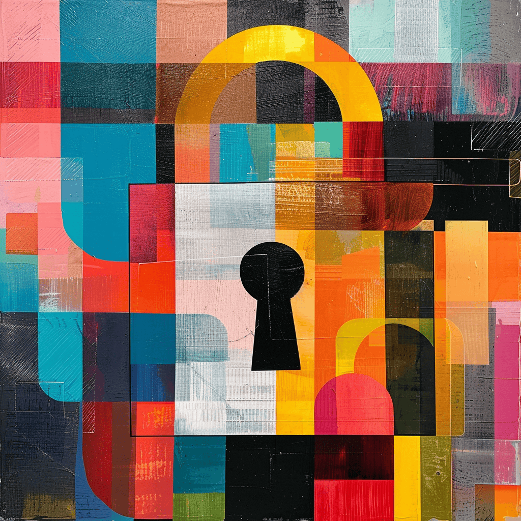 Abstract artwork featuring a large padlock symbol set against a vibrant, multi-colored background composed of overlapping geometric shapes, evoking themes of privacy and HIPAA compliance.