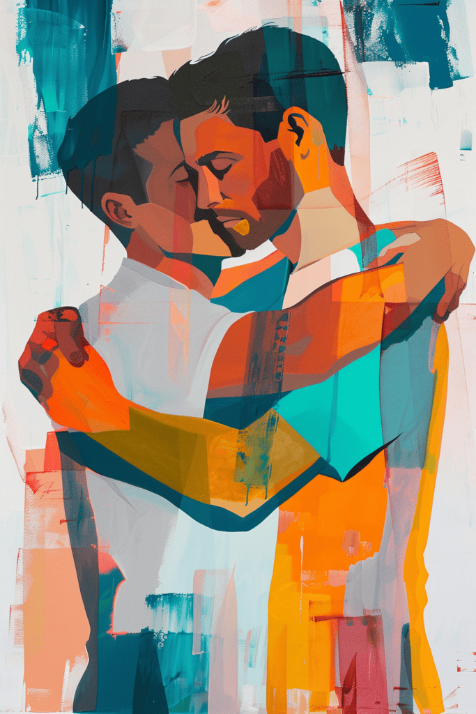 Abstract painting of two men embracing, depicted with overlapping colors and bold brush strokes in shades of orange, blue, and teal.