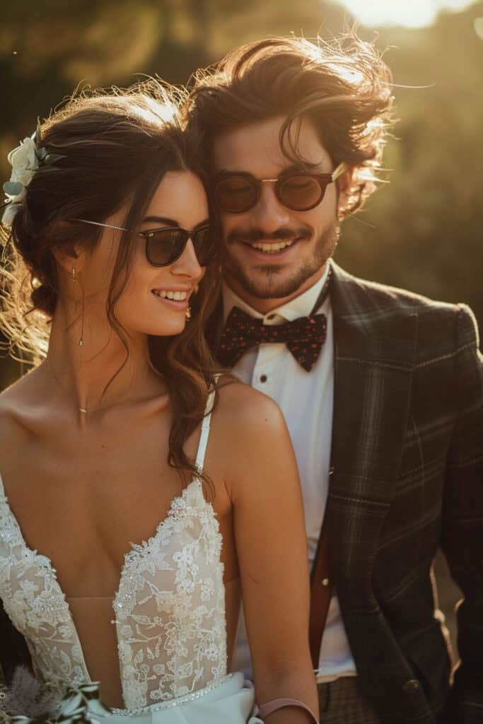 A pre-marital couple smiling at each other, both wearing sunglasses. The woman is in a white lace wedding dress, and the man is in a suit with a bow tie, standing outdoors in golden light.